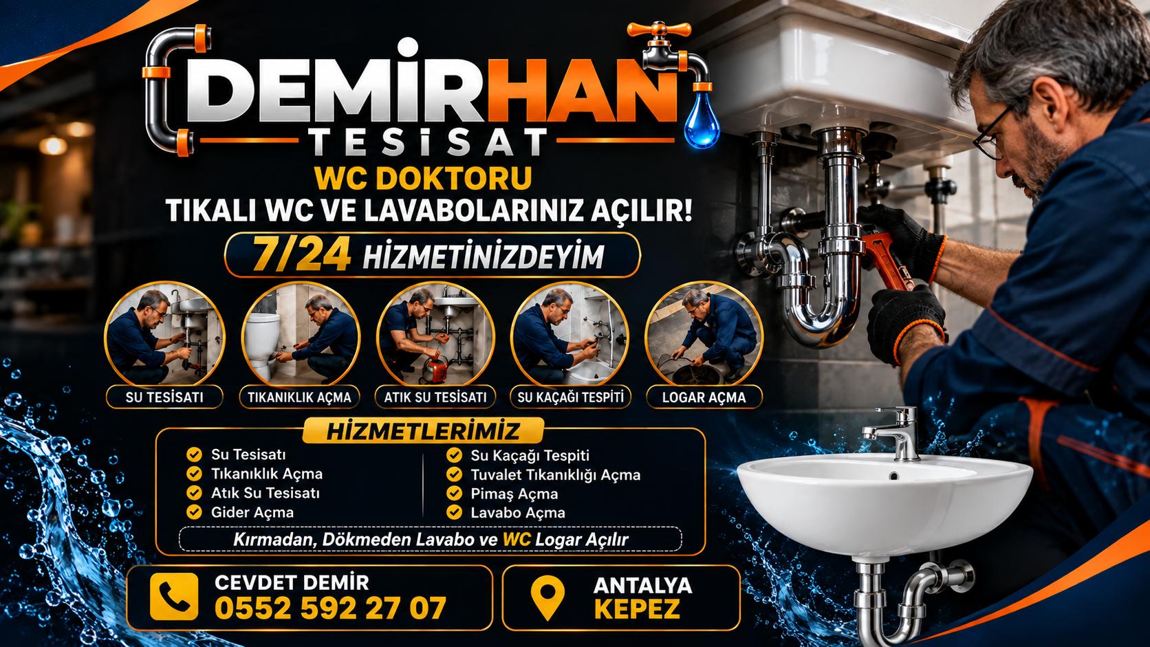 Demirhan Tesisat Antalya: gider açma, su kaçağı tespiti ve su tesisatı tamiri. Telefon: 0552 592 27 07.